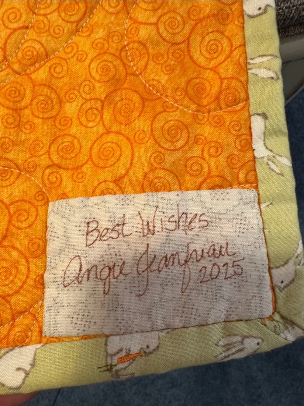 Handmade Quilted Throw in Yellow, Orange and Green